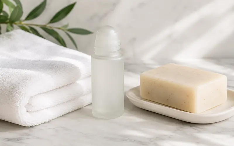 Frasco de desodorante para os pés ao lado de toalha e sabonete natural sobre superfície clara