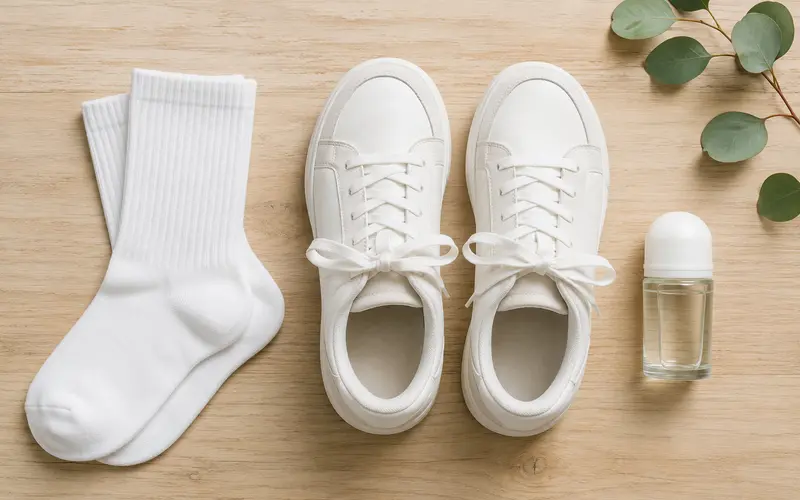 Flat lay com meia de algodão, tênis e desodorante natural para pés suados dentro do tênis